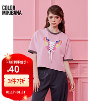 mikibana米可芭娜撞色拼接美式小个子休闲宽松T恤女创意绑带设计夏 Z32 粉红 L