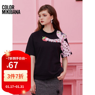 mikibana米可芭娜T恤女设计感小众立体豹印花棉质上衣夏季新款 Y32 黑 S