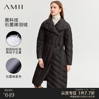 AMII2023冬翻领立领斜门襟石墨烯长款羽绒服女可调节腰带上衣 黑色 155/80A/S