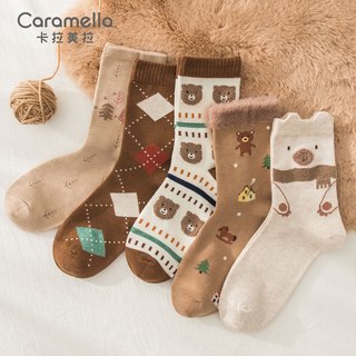 卡拉美拉（Caramella）袜子女中短筒春款棉袜文艺复古中筒袜日系外穿潮长筒袜街头潮袜 奶咖组小熊中筒女袜5双装 五双装 均码 草莓点点女士中筒袜五双装