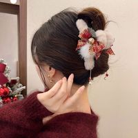 海伊朵 秋冬圣诞节毛绒抓夹甜美毛毛流苏吊坠蝴蝶结发抓鲨鱼夹后脑勺发卡 红色格子流苏