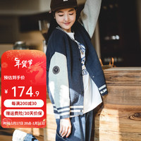 马登 MADEN女装 美式学院风休闲拼接棒球服秋冬针织开衫毛衣加厚保暖外套 藏青色 S