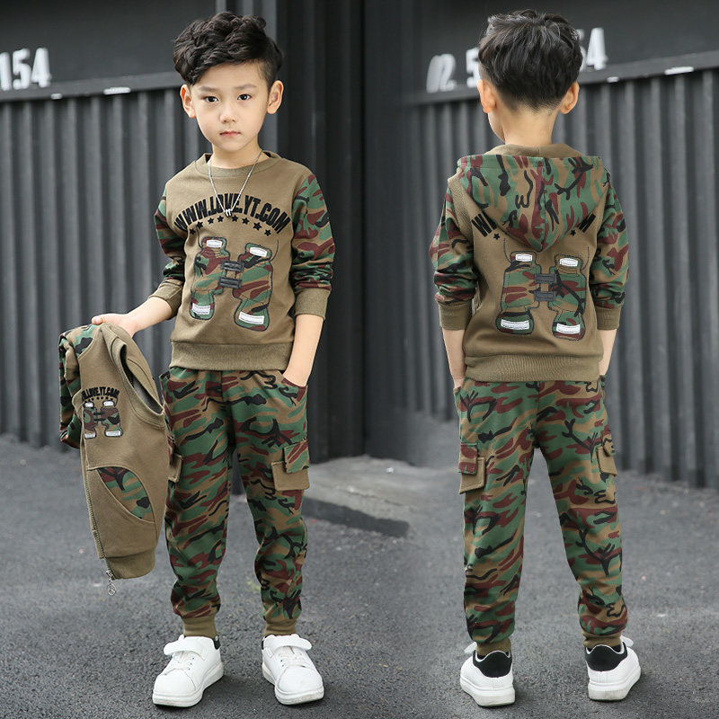 尚学季童装男童套装迷彩服三件套春秋2023男孩运动服中大儿童衣服 【马甲+体恤+裤子】深军绿 120高115CM左右 重45斤