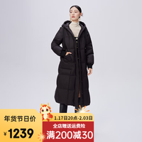 艾莱依（ERAL）国色系列大鹅长款羽绒服女冬季过膝加厚连帽外套 炭黑 155【80-110斤】S