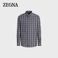 杰尼亚（Zegna）灰色、浅灰色配白色大格纹Centoquaranta斜纹棉质长袖衬衫 S