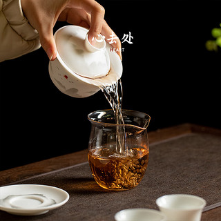 心去處中式手绘素烧羊脂玉三才盖碗茶杯大号单个家用泡茶器功夫茶具茶碗 素烧羊脂玉瓷水墨山水盖碗-礼盒