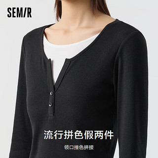 森马（Semir）长袖T恤女短款假两件BM风2024春拼色紧身正肩针织衫显瘦 黑色90001 165/88A/L