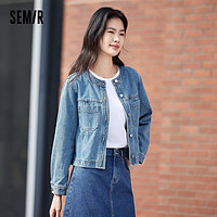 森马（Semir）森马牛仔外套女短款小个子显高2024春季复古圆领夹克休闲百搭 牛仔中蓝88201 175/96A/XXL