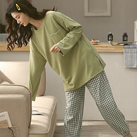 俞兆林长袖睡衣女士春秋款棉质可爱卡通绿色格子小清新可外穿家居服套装 XL（110-125斤）