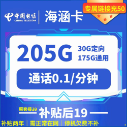 CHINA TELECOM 中国电信 海涵卡 两年19元月租 （205G全国流量+赠40元体验金+0.1元/分钟通话）赠一斤车厘子