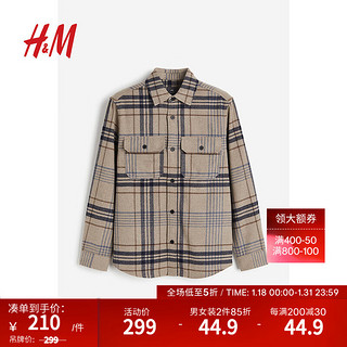 H&M男装衬衫休闲翻领格纹长袖衬衣外套0875217 米色/格纹 165/84A
