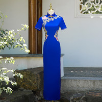 优雅气质短袖舞台走秀演出服气质旗袍紫色旗袍大码蓝色夏季