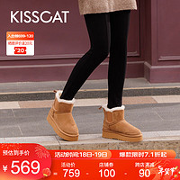 KISSCAT 接吻猫 [辛芷蕾同款]接吻猫保暖舒适雪地靴女冬季新年款羊毛加绒厚底短靴 棕色（羊毛皮） 37