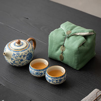 兮元记青花汝窑旅行茶具套装便携式包茶壶茶杯一壶二杯布袋快客杯珐琅彩 繁花西施壶一壶二杯-草绿布袋款