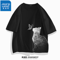 真维斯(JEANSWEST)纯棉短袖男夏季带胸标百搭T恤衫青少年胖子半袖宽松上衣 黑色(猫影白) 4XL(体重200斤-220斤左右)