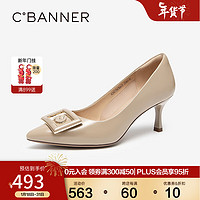 C.BANNER 千百度 羊皮单鞋女通勤2024春季细高跟鞋裸色尖头 卡其色 34