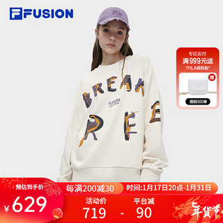 FILA FUSION斐乐潮牌针织套头衫2024春涂鸦字母纯棉卫衣 灰麦色-BG 165/88A/S