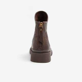 Bata 拔佳 堆靴女冬商场新款百搭羊皮粗跟褶皱通勤短靴21863DD3 啡色-单里 35