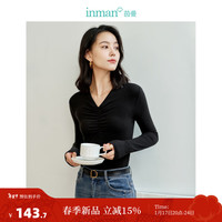 INMAN 茵曼 安迪绒T恤2024春季女装V领缩褶长袖修身显瘦打底衫上衣 黑色 L