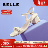百丽编织一字带凉鞋女2023夏季新商场同款羊皮粗跟凉鞋3Z130BL3 米色 34