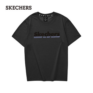斯凯奇（Skechers）男装黑色上衣针织圆领T恤舒适透气运动短袖L223M122