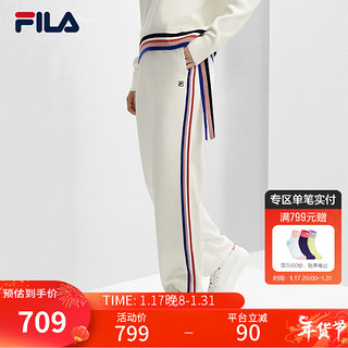 FILA 斐乐 女士针织长裤2024春季时尚休闲侧边条纹阔腿裤 蒸汽白-IV 165/66A/M