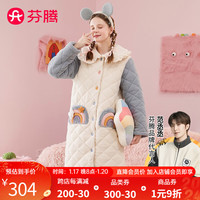 芬腾睡裙女秋冬夹棉温暖翻领长袖卡通防静电暖绒家居服睡裙 米白 XL
