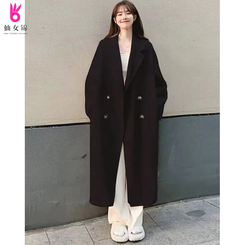 仙女锦中长款外套女秋冬加棉茧型宽松过膝大衣双排扣慵懒风衣厚 黑色 L