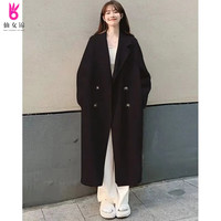 仙女锦中长款外套女秋冬加棉茧型宽松过膝大衣双排扣慵懒风衣厚 黑色 L