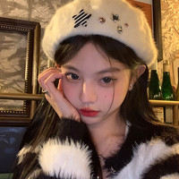星舵星星贝雷帽女秋冬季小众白色毛绒大头围时尚保暖帽子 五角星贝雷帽 M(56-58cm)