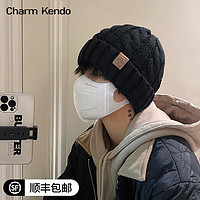 Charm Kendo帽子男款秋冬纯色针织帽男士冷帽棉帽冬天保暖大头毛线帽男高级感 黑色