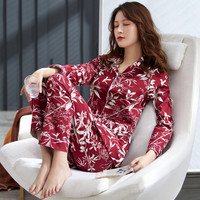 輝豹（HUIBAO）红色纯棉睡衣女士秋季纯棉长袖中老年居家服女春秋家居服套装 G6863#酒红 L【100-120斤】