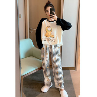裴珂黛克（pinkdackeb）睡衣女春秋棉质长袖可爱卡通可外穿韩版家居服套装 米色  L(120-145斤穿)