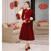 塞德勒敬酒服新娘酒红色订婚礼服女厚款结婚回门便装高端 酒红色中长款 M（96-105斤）