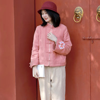 乱在江南亚麻加绒短外套女冬季加厚保暖立领盘扣绣花棉服 粉色 L