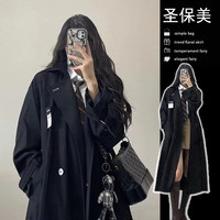 圣保美黑色风衣外套女春秋季2023新款女士中长款韩版赫本风大衣薄款显瘦 【黑色】