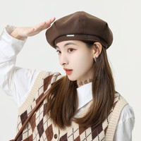 妙忆诗韩版秋冬毛呢金属标贝雷帽子女八角帽大头围显脸小时尚文艺画家帽 咖啡色