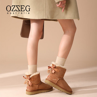 OZZEG澳洲雪地靴女冬季羊皮毛一体短筒女靴厚底防滑加绒保暖真皮棉鞋 栗色 37