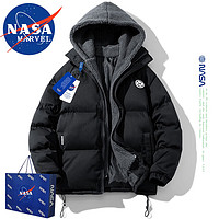 NASA MARVEL棉衣男棉服冬季外套连帽面包服装加厚假两件百搭休闲棉袄子 黑色 2XL-（140斤-176斤）