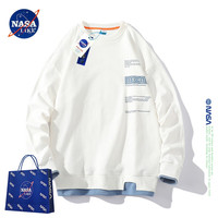 NASA LIKE潮牌秋冬季重磅假两件卫衣男女同款圆领长袖t恤ins宽松上衣服 白色 XL(140-160斤)