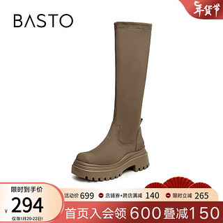 BASTO 百思图 23冬季商场美拉德加绒弹力瘦瘦靴厚底女长筒靴A5861DG3【 卡其色-时尚显瘦款 36