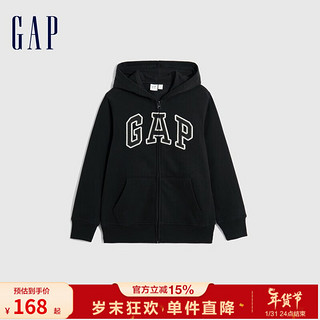 Gap男童秋冬2023LOGO碳素软磨抓绒卫衣794439儿童装连帽衫 黑色 140cm(L)