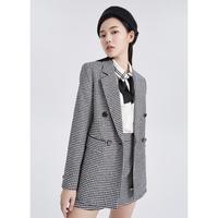 5+ Five Plus季复古千鸟格外套女双排扣翻领收腰中长西服