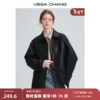 VEGA CHANG皮衣外套女2024春新款宽松显瘦廓形pu皮夹克ins潮 流光黑