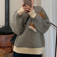 品彩针织衫女秋冬日系人字纹百搭休闲毛衣圆领套头上衣 P138Z8601