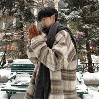 凯爵罗学院风高街格子毛呢大衣男冬季加厚复古潮牌韩系保暖小香呢子外套 DSA152-F320 卡其色 L【115-130斤】