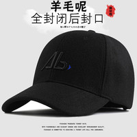 拂晓阁(fuxiaoge)后封口全封闭男帽子冬季加绒加厚保暖大头围鸭舌帽羊毛呢棒球帽子鸭舌帽大头显瘦 黑色黑标AB刺绣毛呢帽 头围(60-63CM)