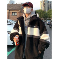 益帛羊羔绒棉衣男秋冬潮牌拼色加厚棉袄复古宽松立领外套男 黑色 L【110-130斤】