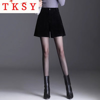 TKSY 灯芯绒短裤女冬季外穿冬高腰显瘦条绒阔腿裤a字靴裤子 黑色 XL