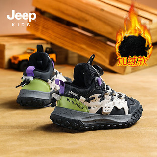 JEEP吉普儿童冬季皮面加绒二棉运动鞋男童6-12岁跑步鞋 黑绿30 黑绿【加绒】 30（适合脚长18.2cm）